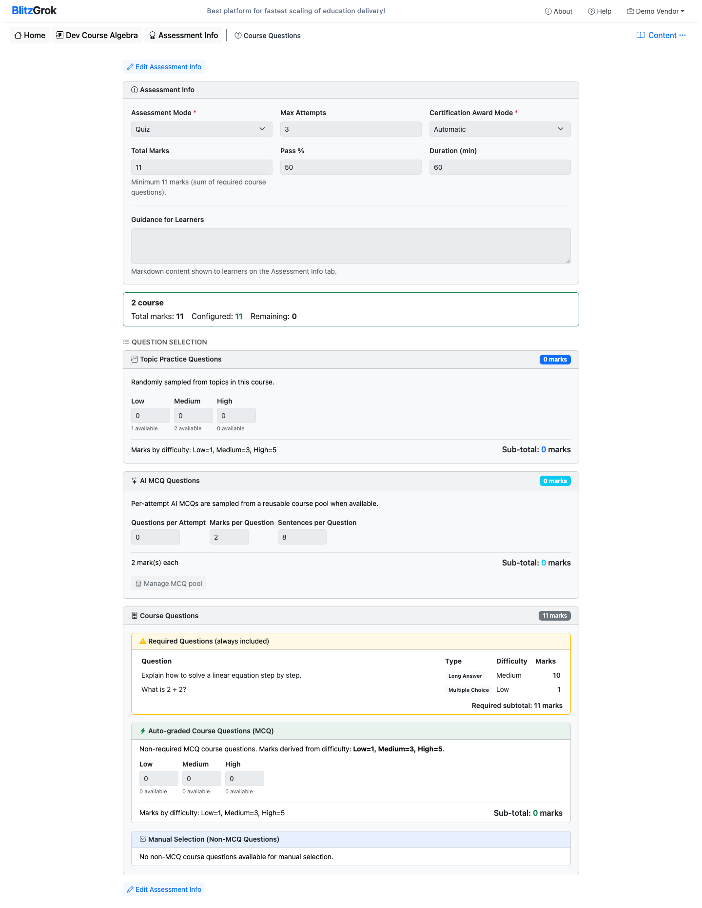 Assessment Info followed by the live Total Summary