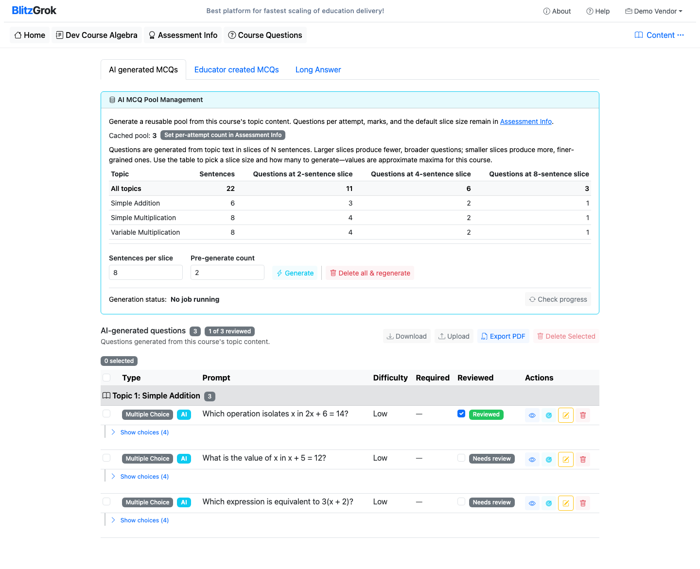 AI generated MCQs tab with pool controls and question list