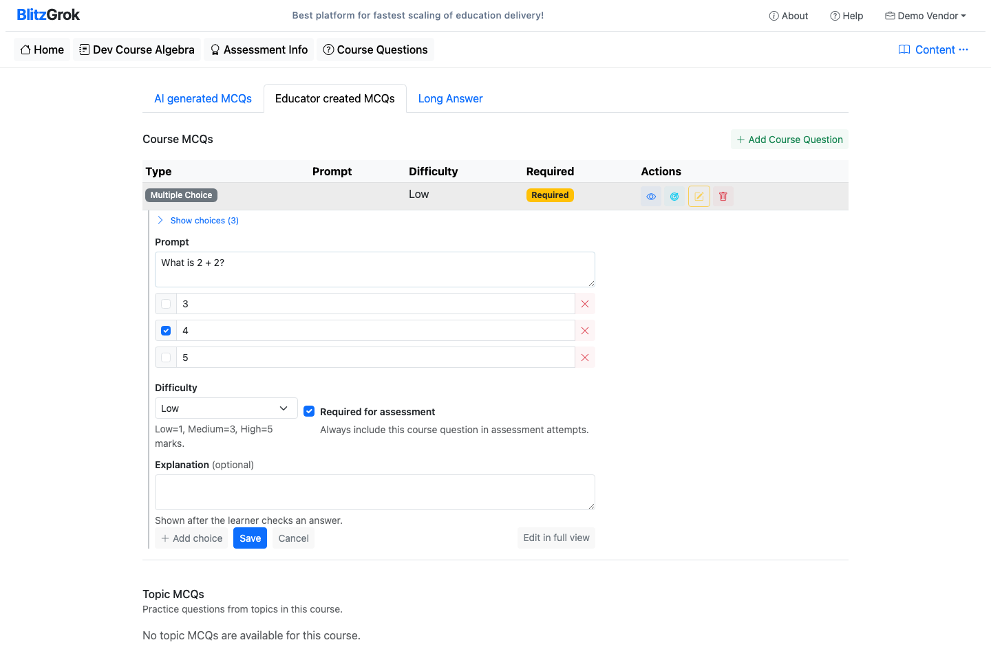 Compact MCQ editor open in the question list