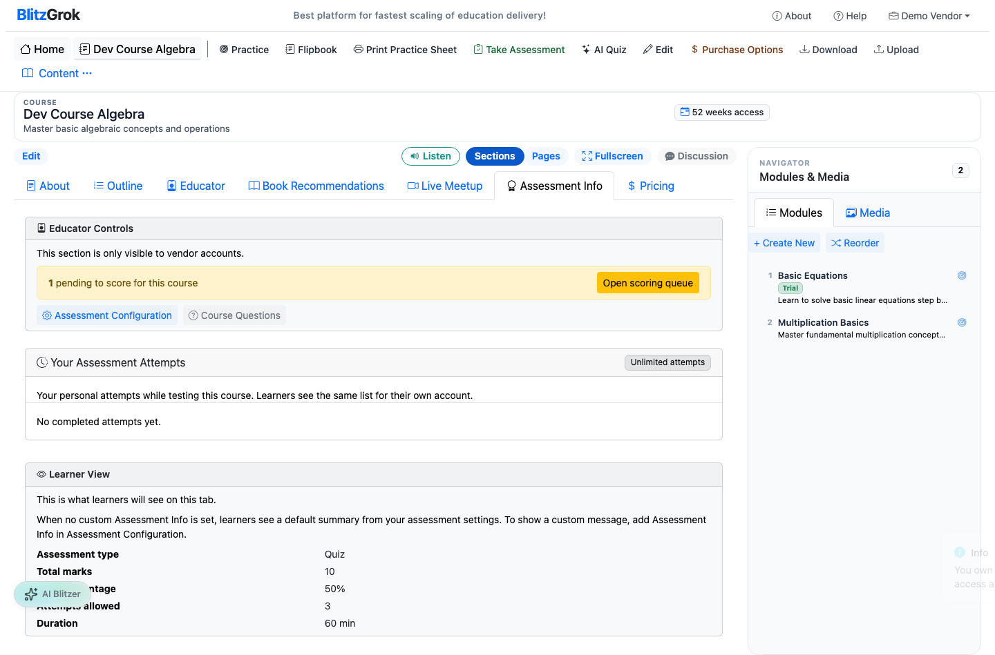 Course Assessment Info tab with pending scoring count