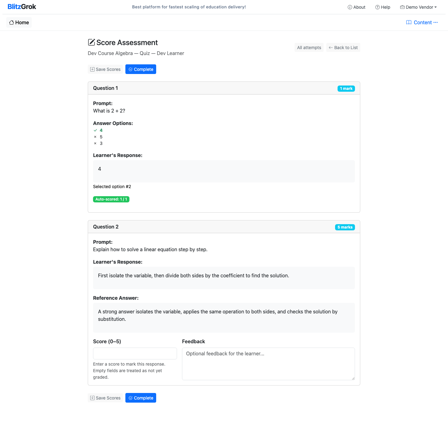 Manual grading page showing a reference answer, score, and feedback fields