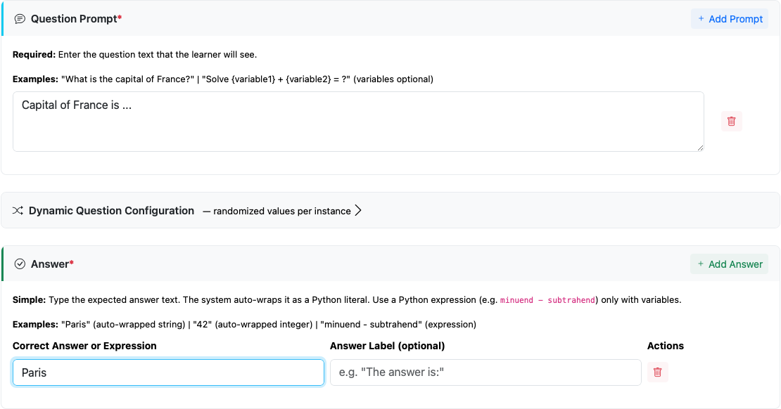 Fill-in-the-blank question form showing prompt and answer sections